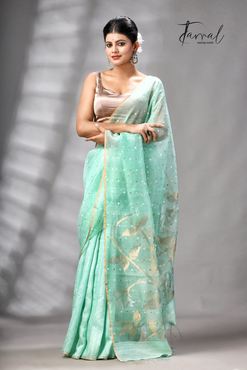 Sea Green Half Muslin & Half Matka Silk Handwoven Jamdani With Sequins Work Saree