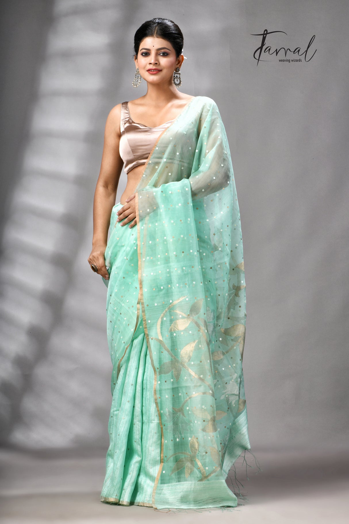 Sea Green Half Muslin & Half Matka Silk Handwoven Jamdani With Sequins Work Saree
