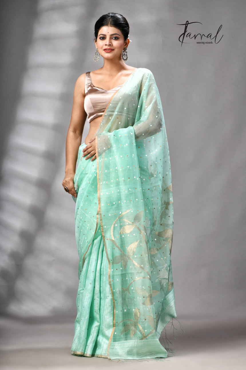 Sea Green Half Muslin & Half Matka Silk Handwoven Jamdani With Sequins Work Saree