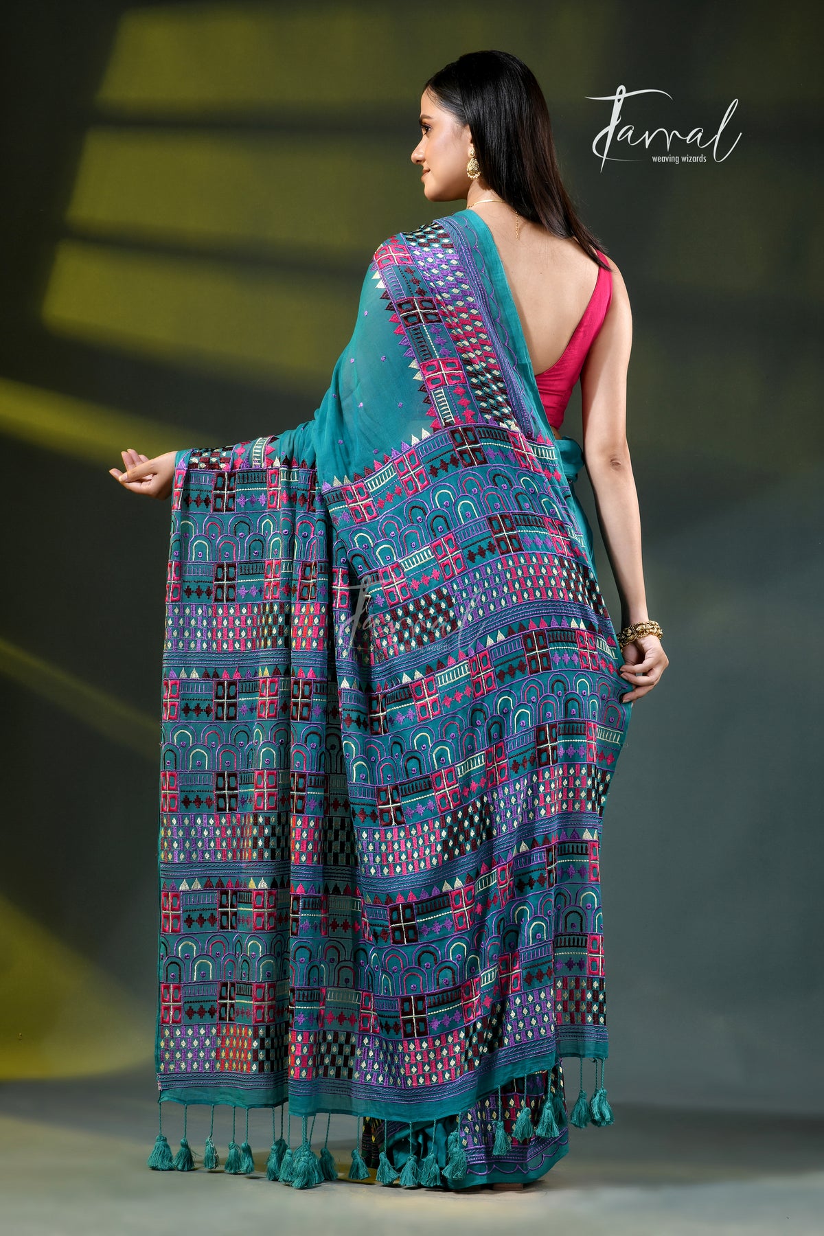 Deep turquoise mulmul cotton lambani embroidery saree