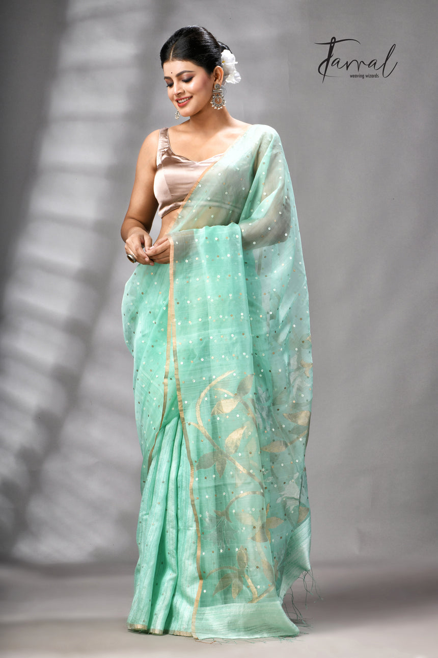 Sea Green Half Muslin & Half Matka Silk Handwoven Jamdani With Sequins Work Saree