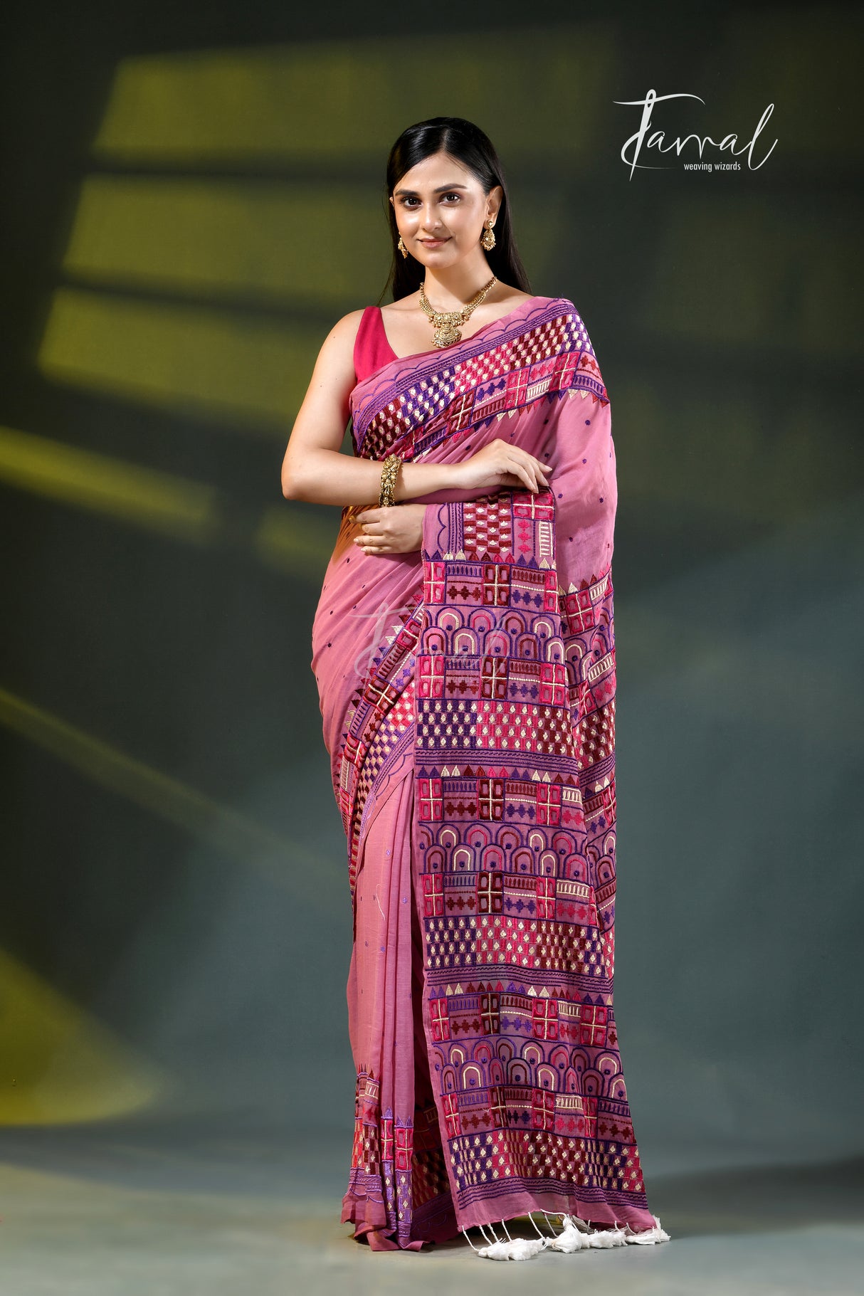 Dusty pink Lambani embroidery mulmul cotton saree