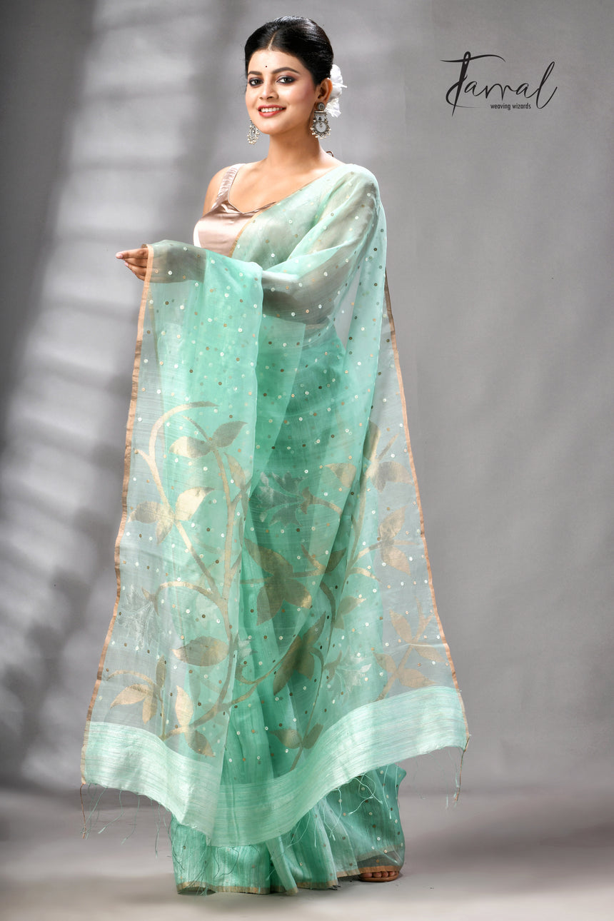 Sea Green Half Muslin & Half Matka Silk Handwoven Jamdani With Sequins Work Saree