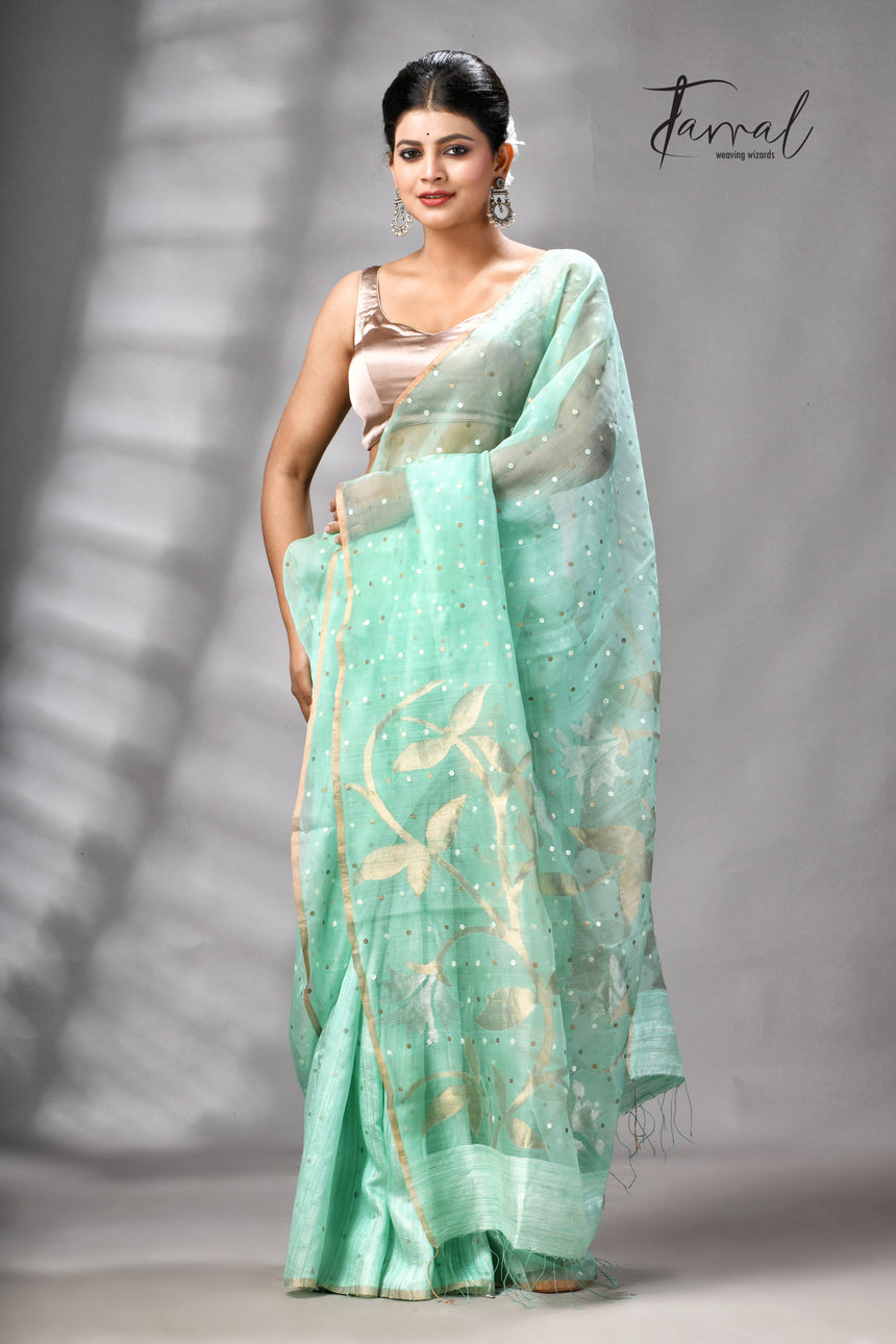 Sea Green Half Muslin & Half Matka Silk Handwoven Jamdani With Sequins Work Saree