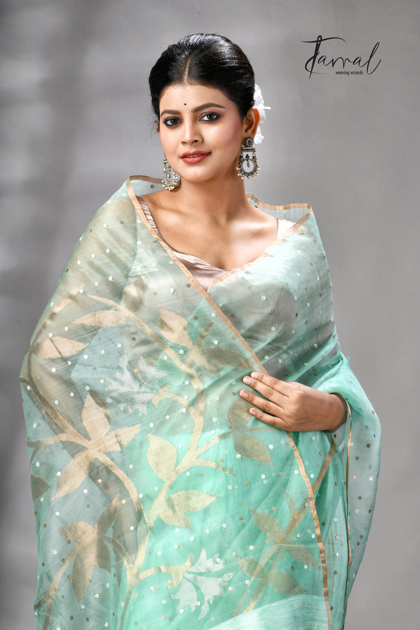 Sea Green Half Muslin & Half Matka Silk Handwoven Jamdani With Sequins Work Saree