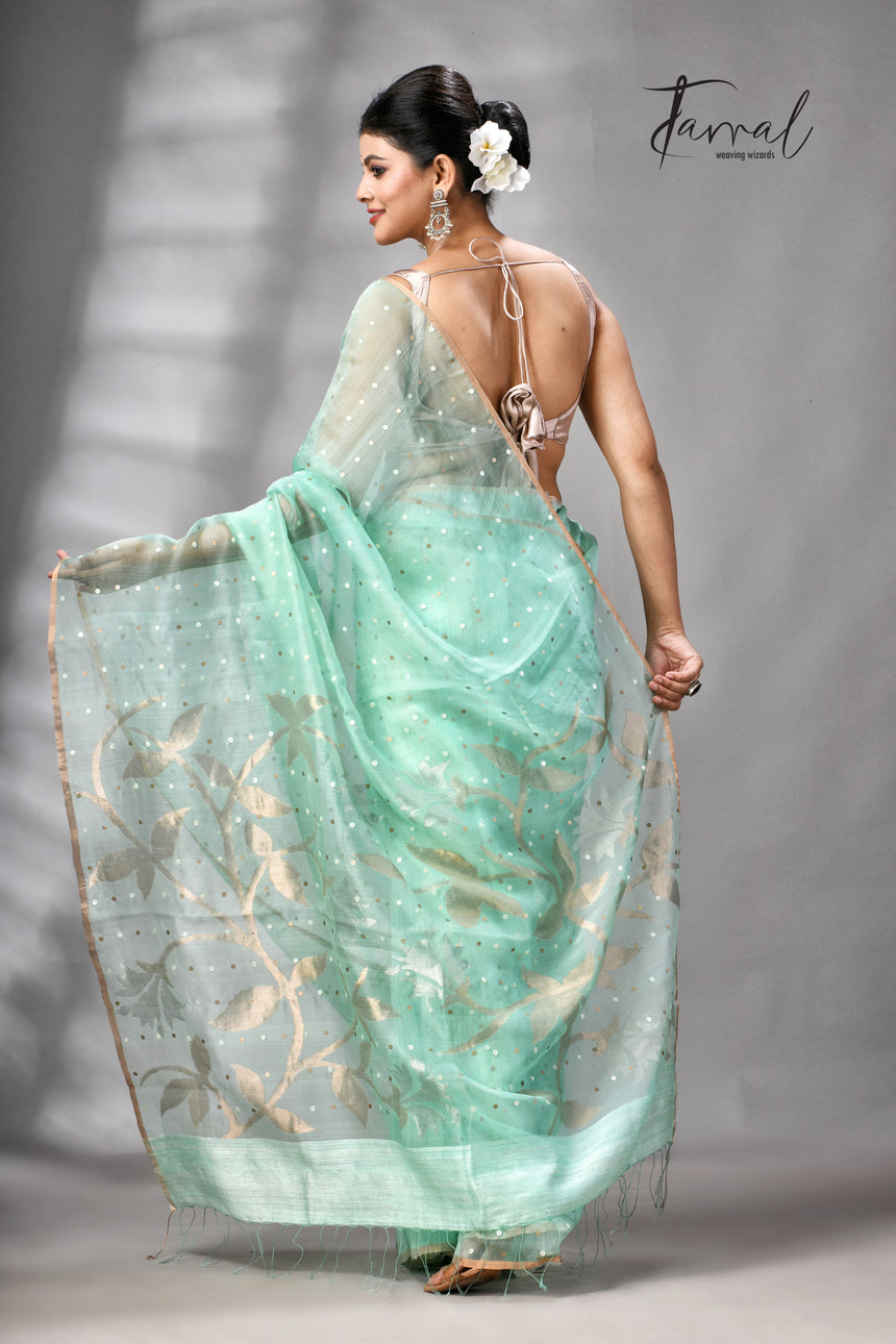 Sea Green Half Muslin & Half Matka Silk Handwoven Jamdani With Sequins Work Saree