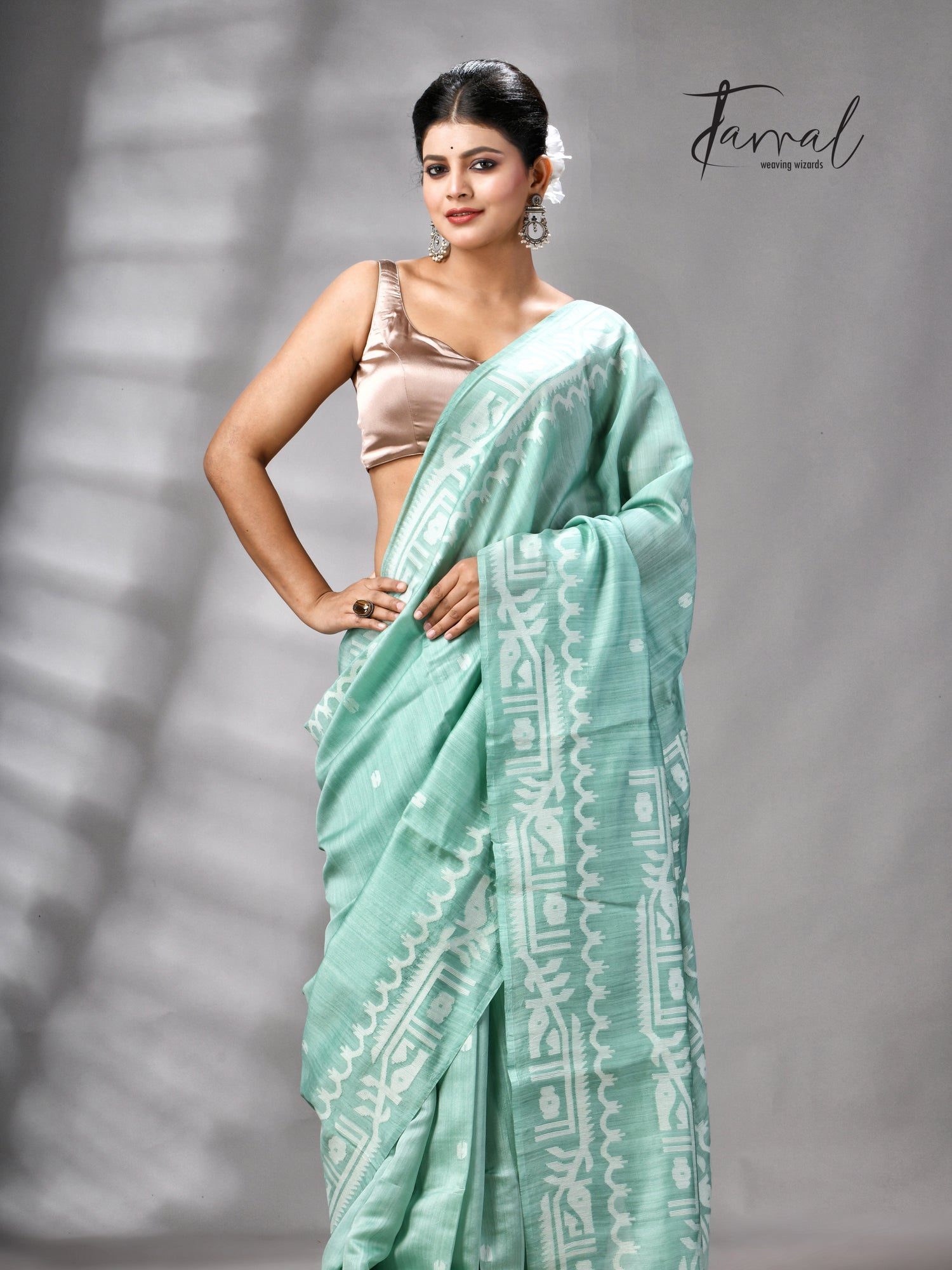 Sea Green Mulberry Silk Traditional Handwoven Jamdani Saree