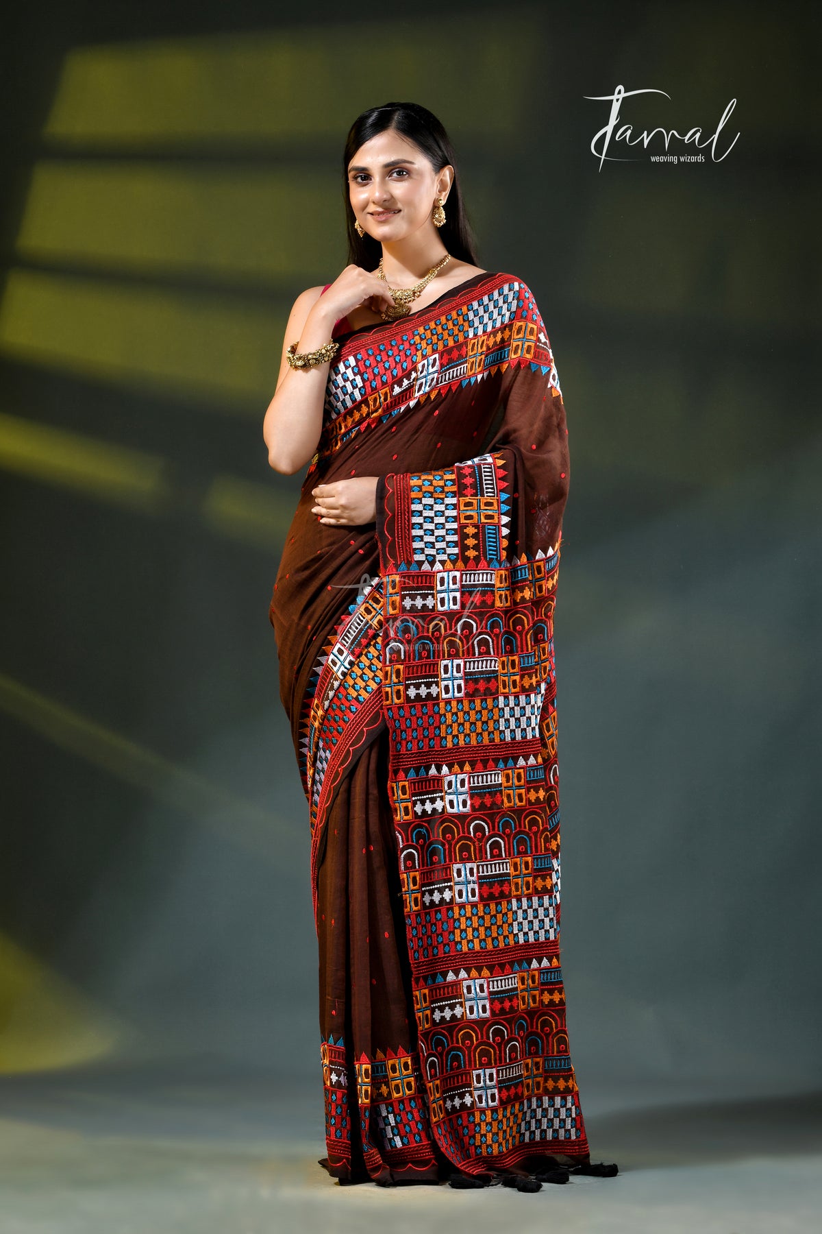 Brown mulmul cotton lambani embroidery saree