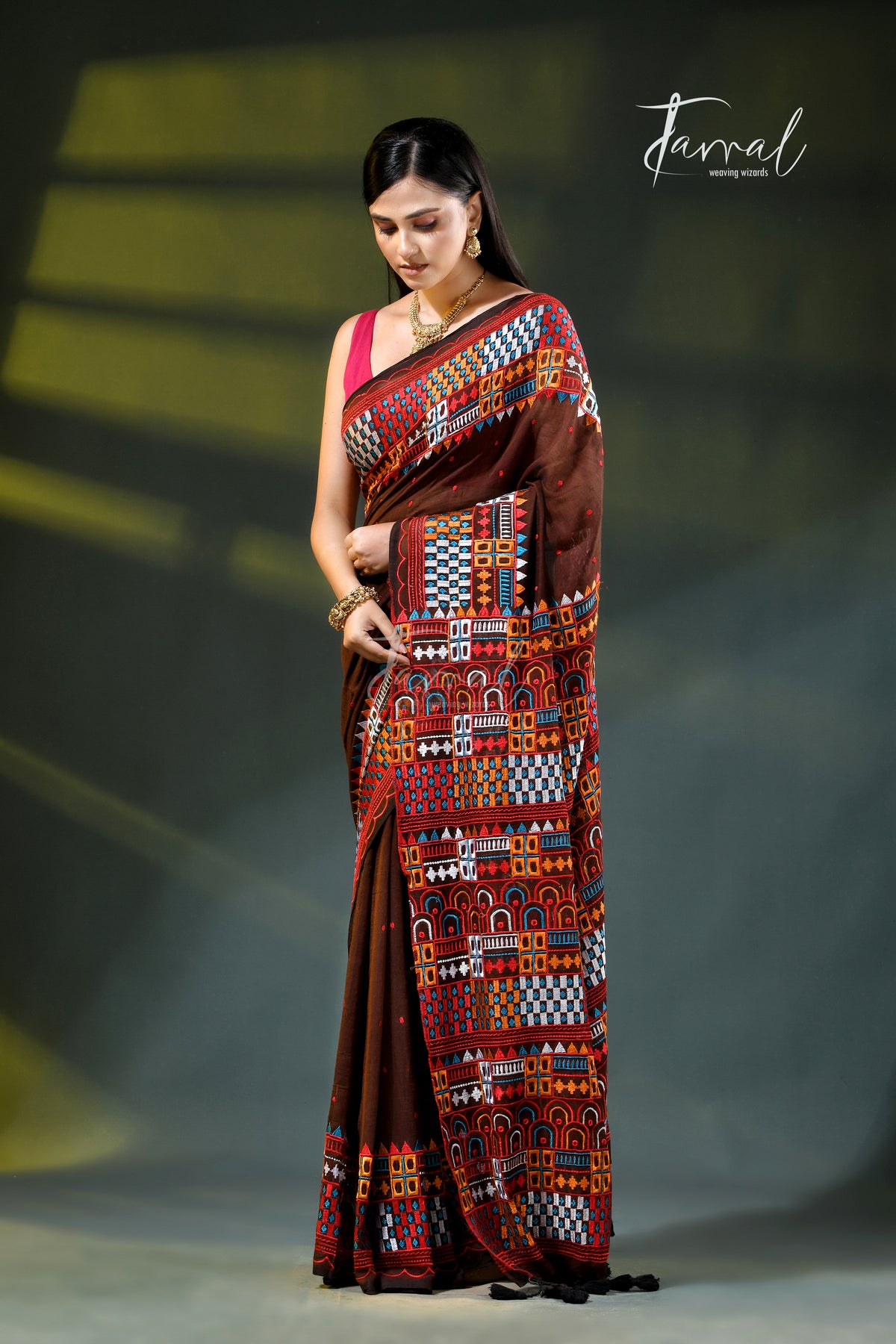 Brown mulmul cotton lambani embroidery saree