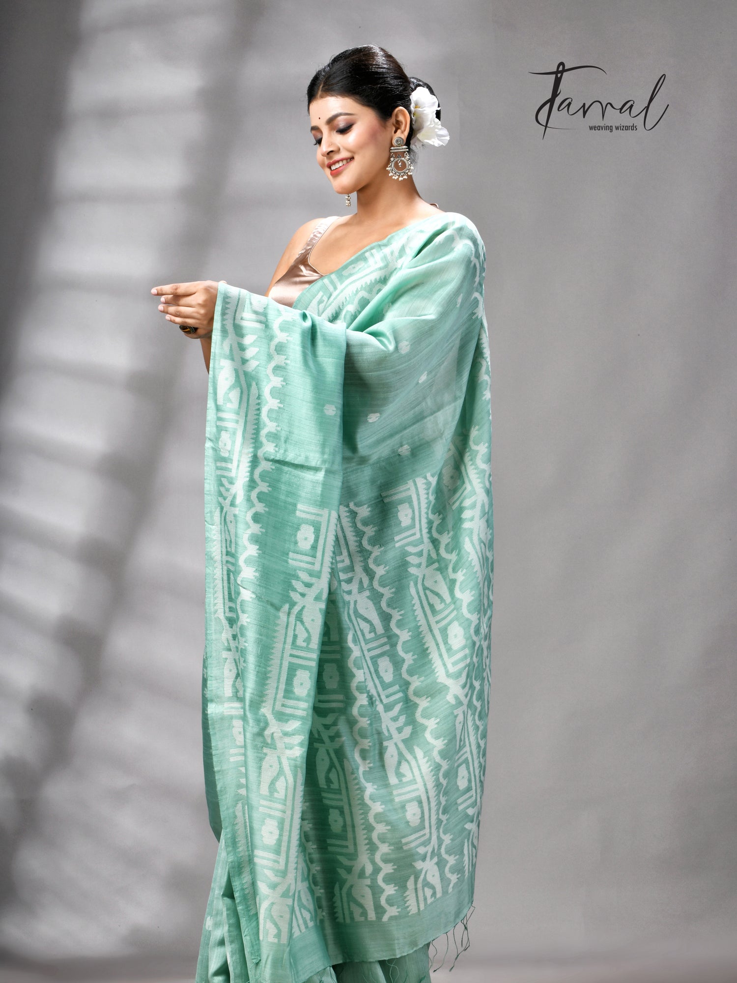 Sea Green Mulberry Silk Traditional Handwoven Jamdani Saree