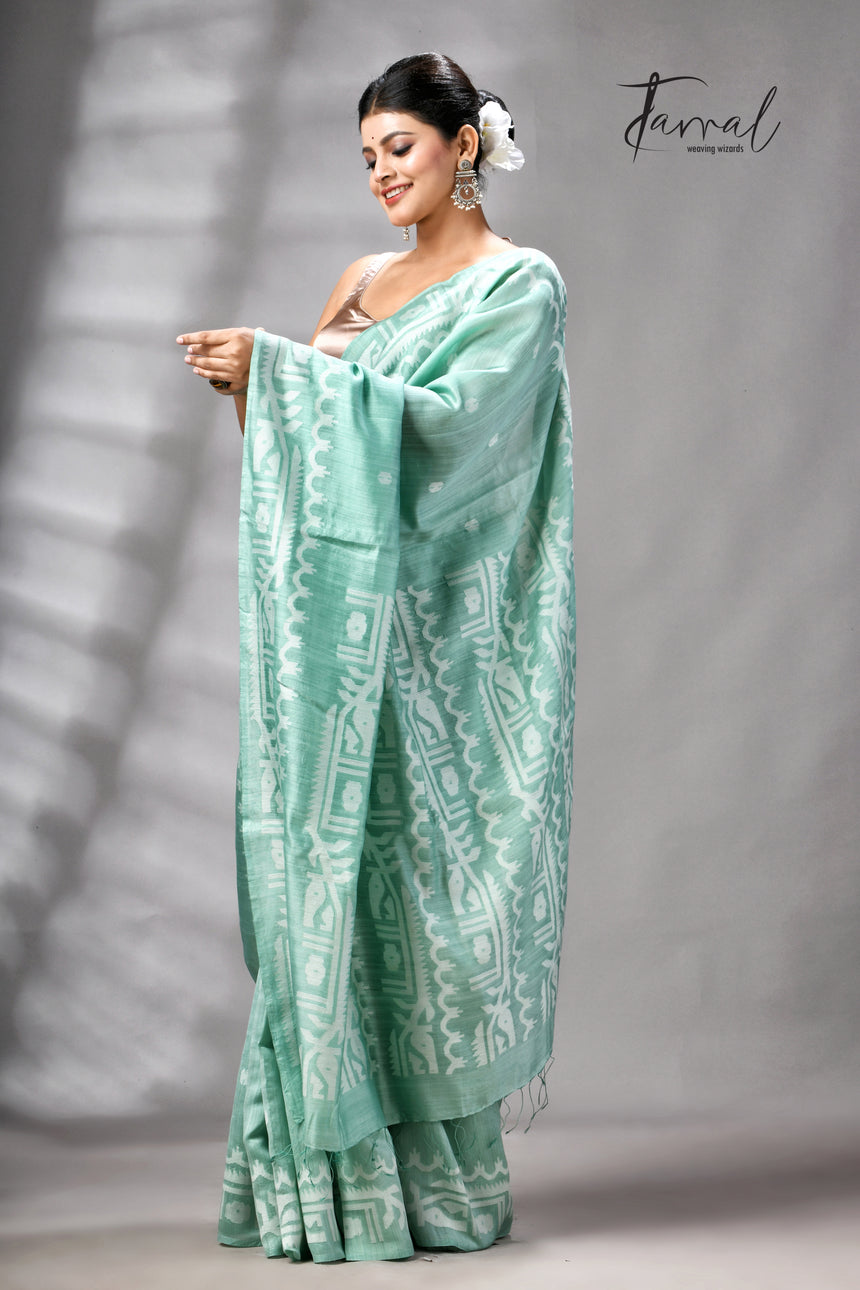 Sea Green Mulberry Silk Traditional Handwoven Jamdani Saree