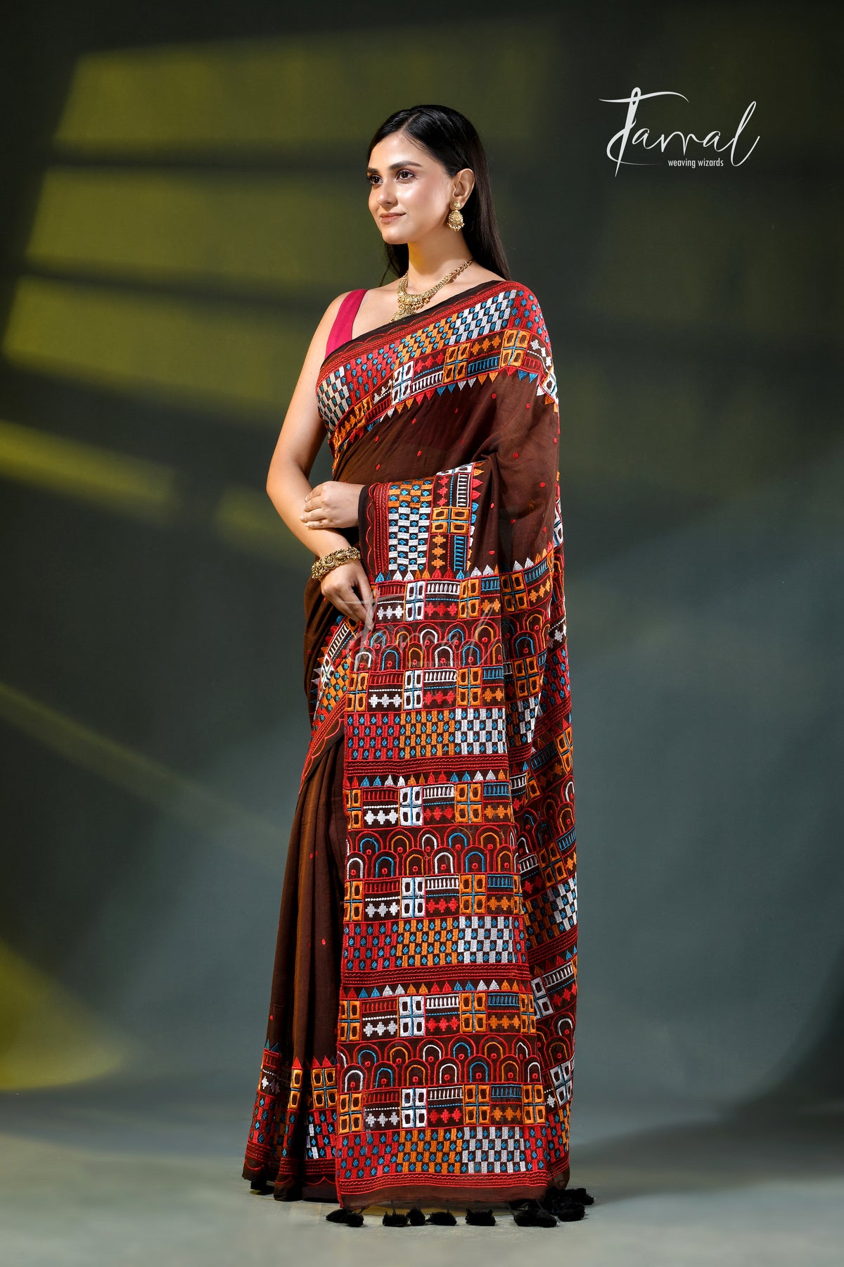Brown mulmul cotton lambani embroidery saree
