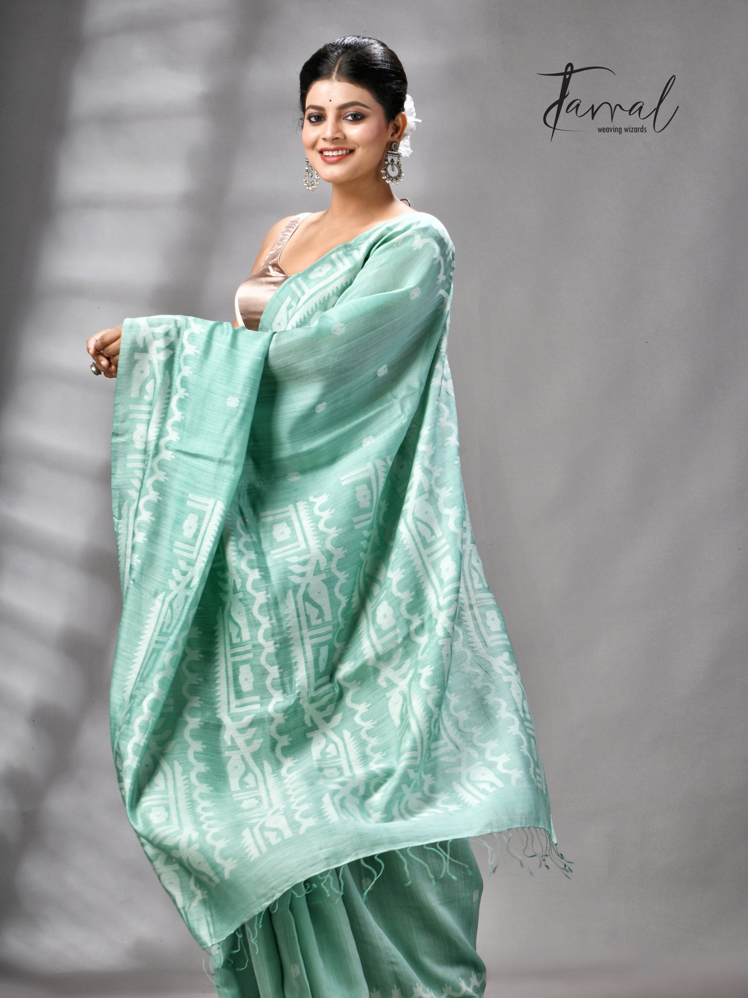 Sea Green Mulberry Silk Traditional Handwoven Jamdani Saree