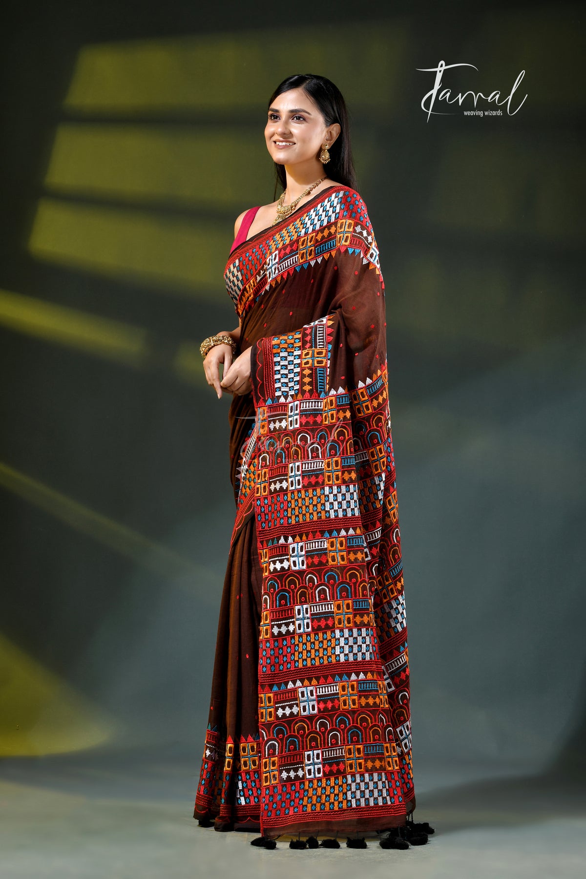 Brown mulmul cotton lambani embroidery saree