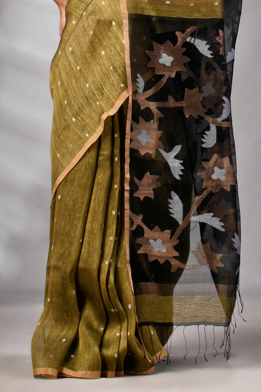 Mehendi Green Silk Linen Handwoven Jamdani Saree