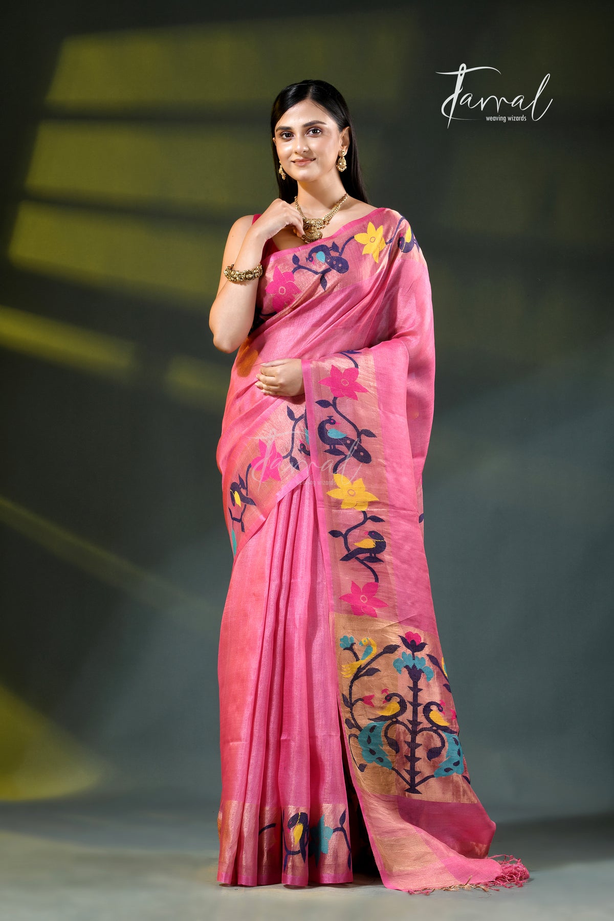 Pink with golden zari pure tussar silk paithani handloom saree