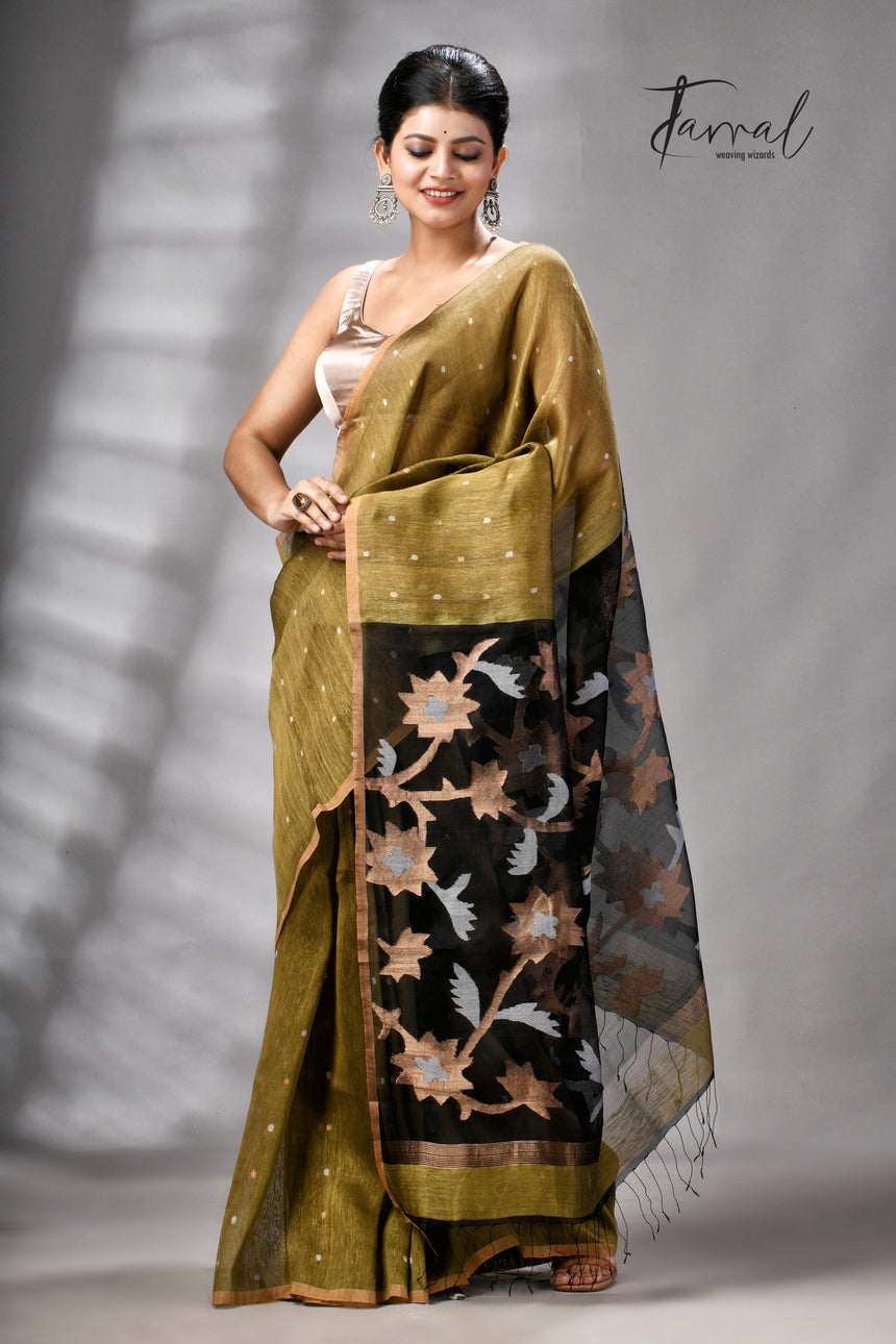 Mehendi Green Silk Linen Handwoven Jamdani Saree