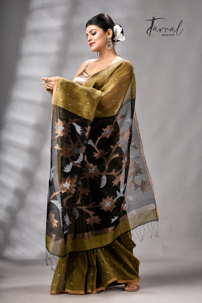 Mehendi Green Silk Linen Handwoven Jamdani Saree