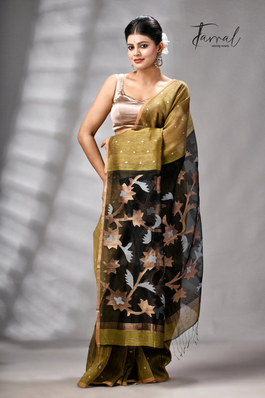 Mehendi Green Silk Linen Handwoven Jamdani Saree