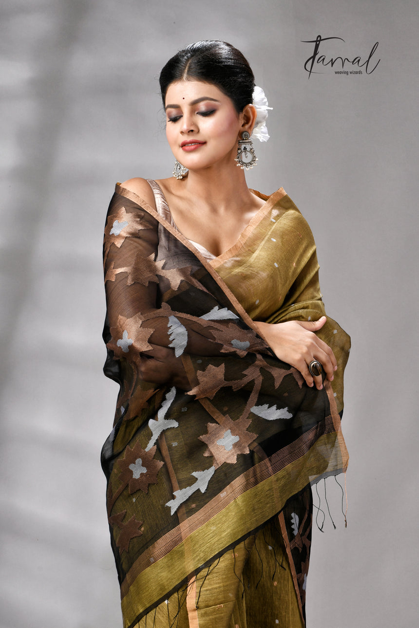 Mehendi Green Silk Linen Handwoven Jamdani Saree