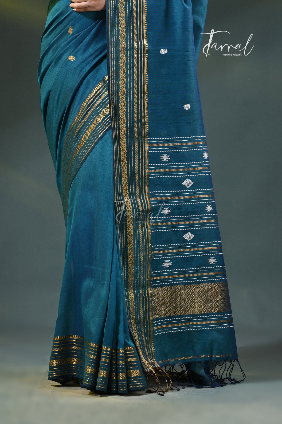 Teal Blue Zari Border Cotton Bhujori Handloom Saree | Tamal Boutique