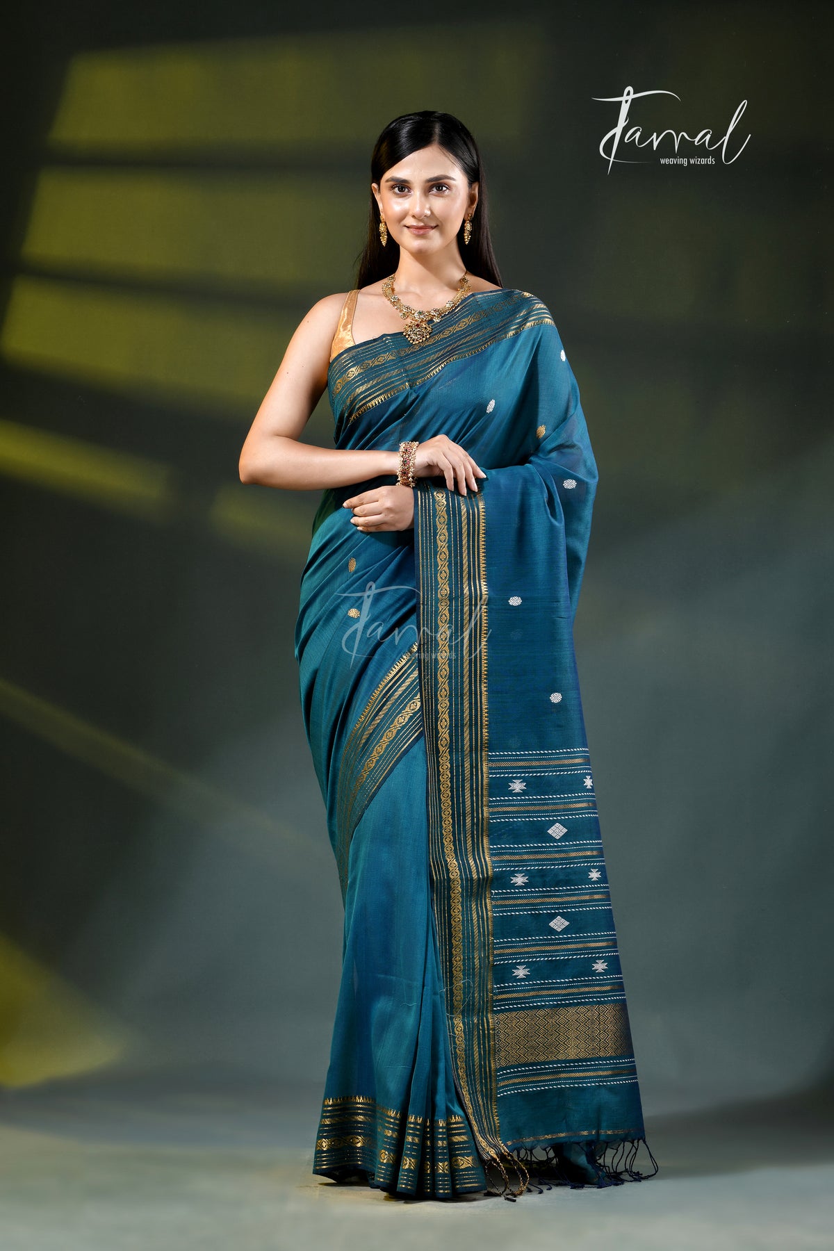 Teal Blue Zari Border Cotton Bhujori Handloom Saree | Tamal Boutique