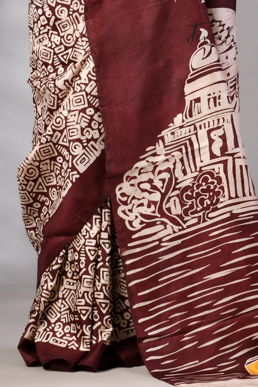 Brown & white yellow taxi & victoria handcrafted pure batik silk saree