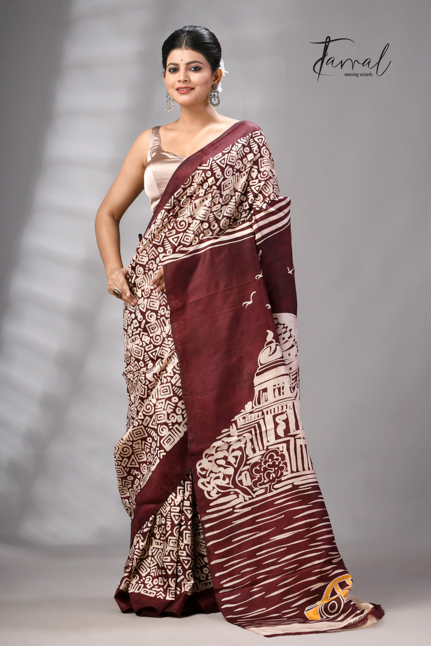 Brown & white yellow taxi & victoria handcrafted pure batik silk saree