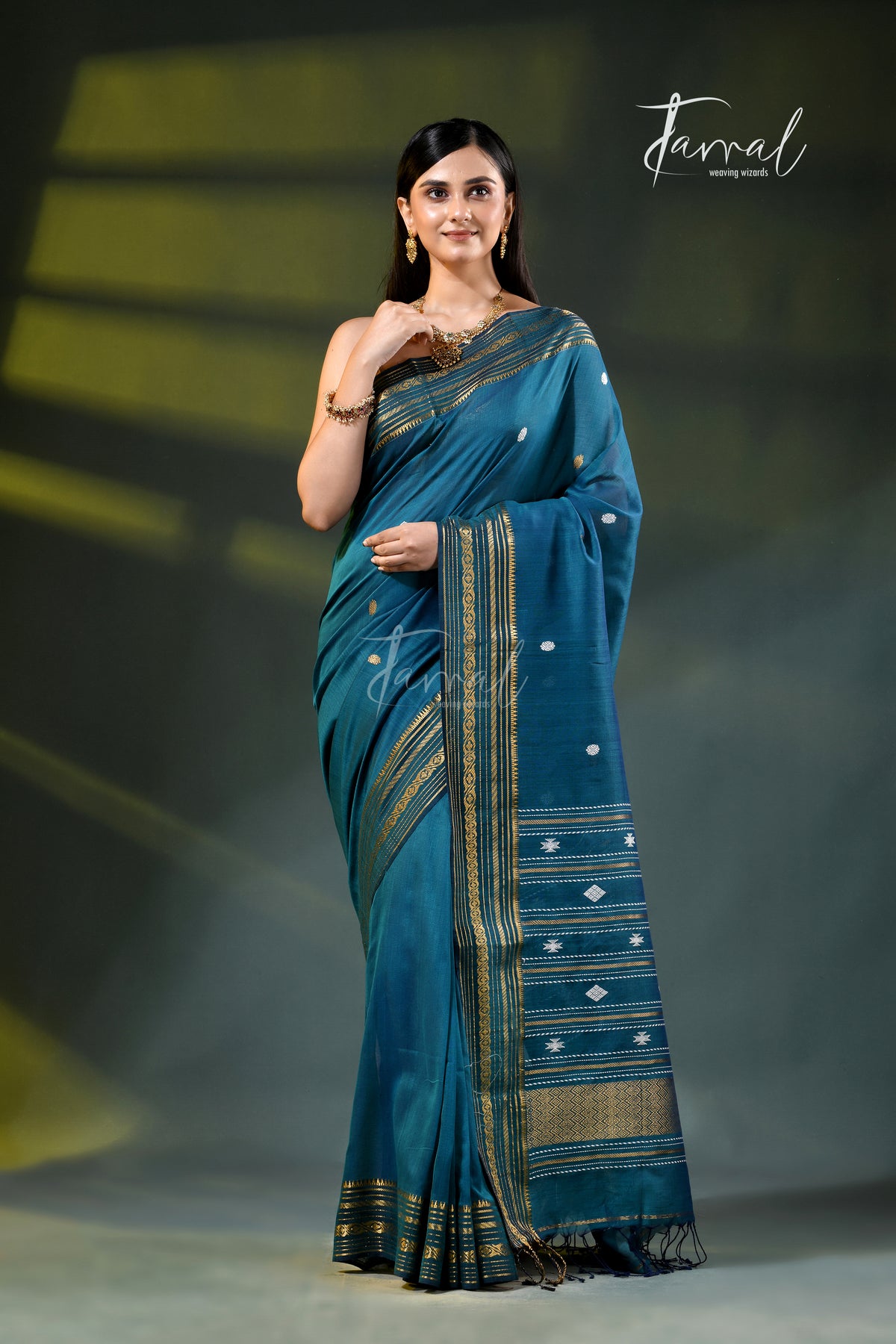 Teal Blue Zari Border Cotton Bhujori Handloom Saree | Tamal Boutique