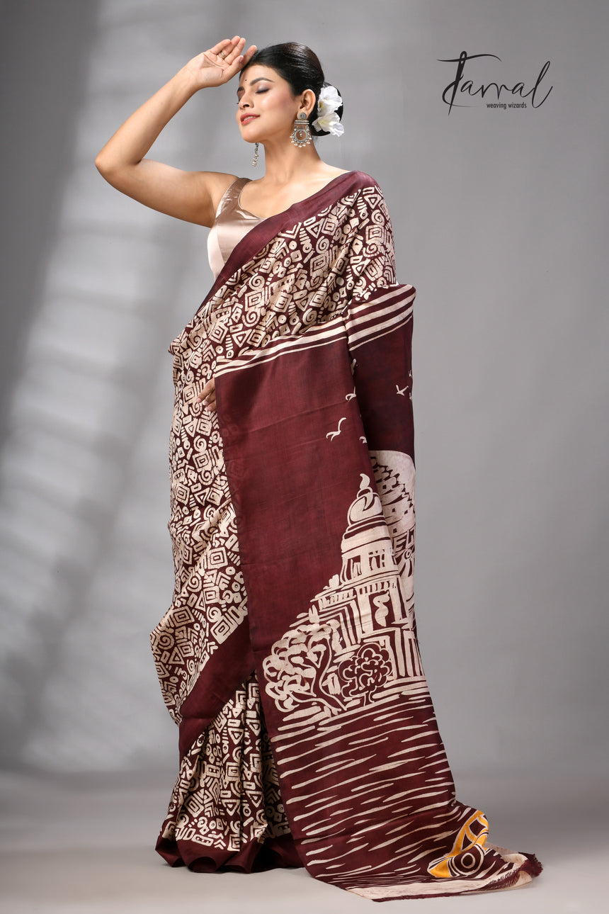 Brown & white yellow taxi & victoria handcrafted pure batik silk saree