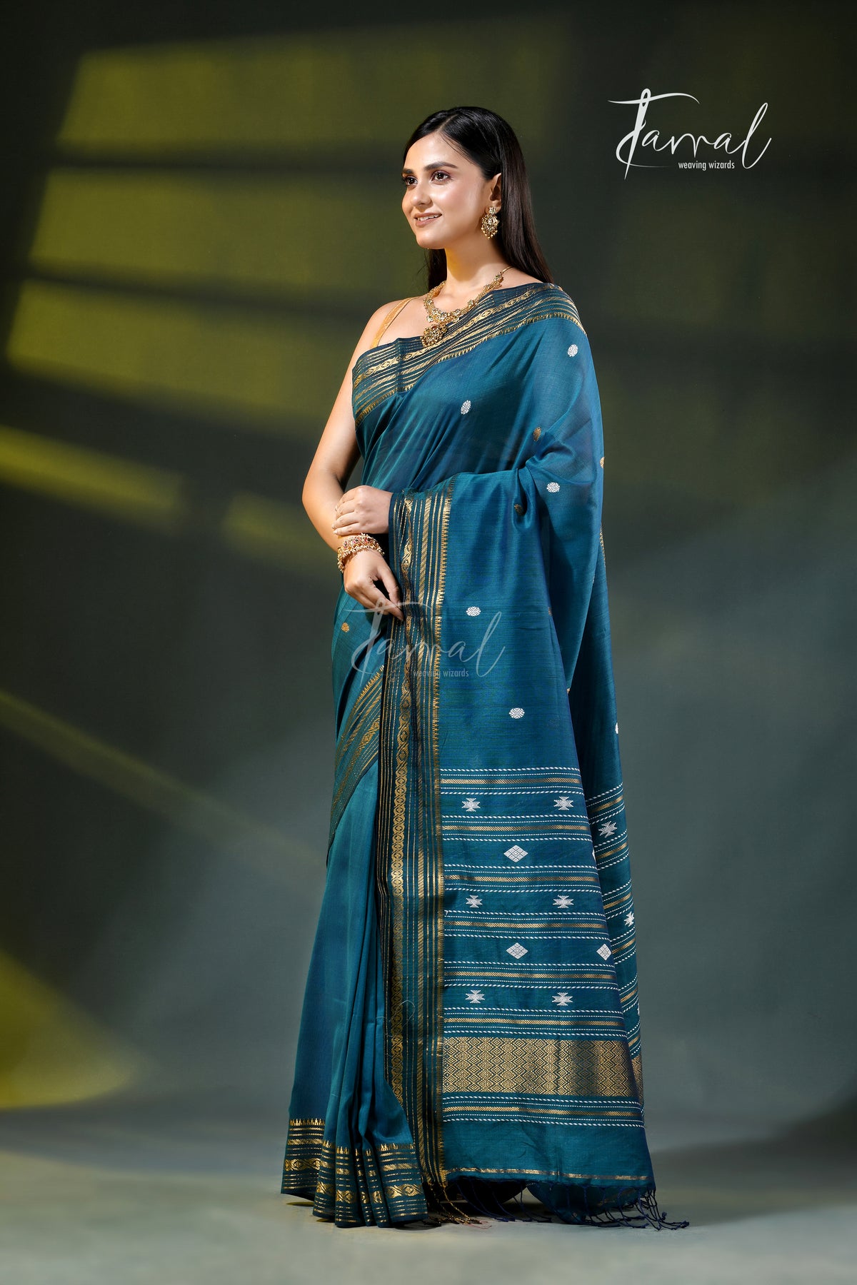Teal Blue Zari Border Cotton Bhujori Handloom Saree | Tamal Boutique