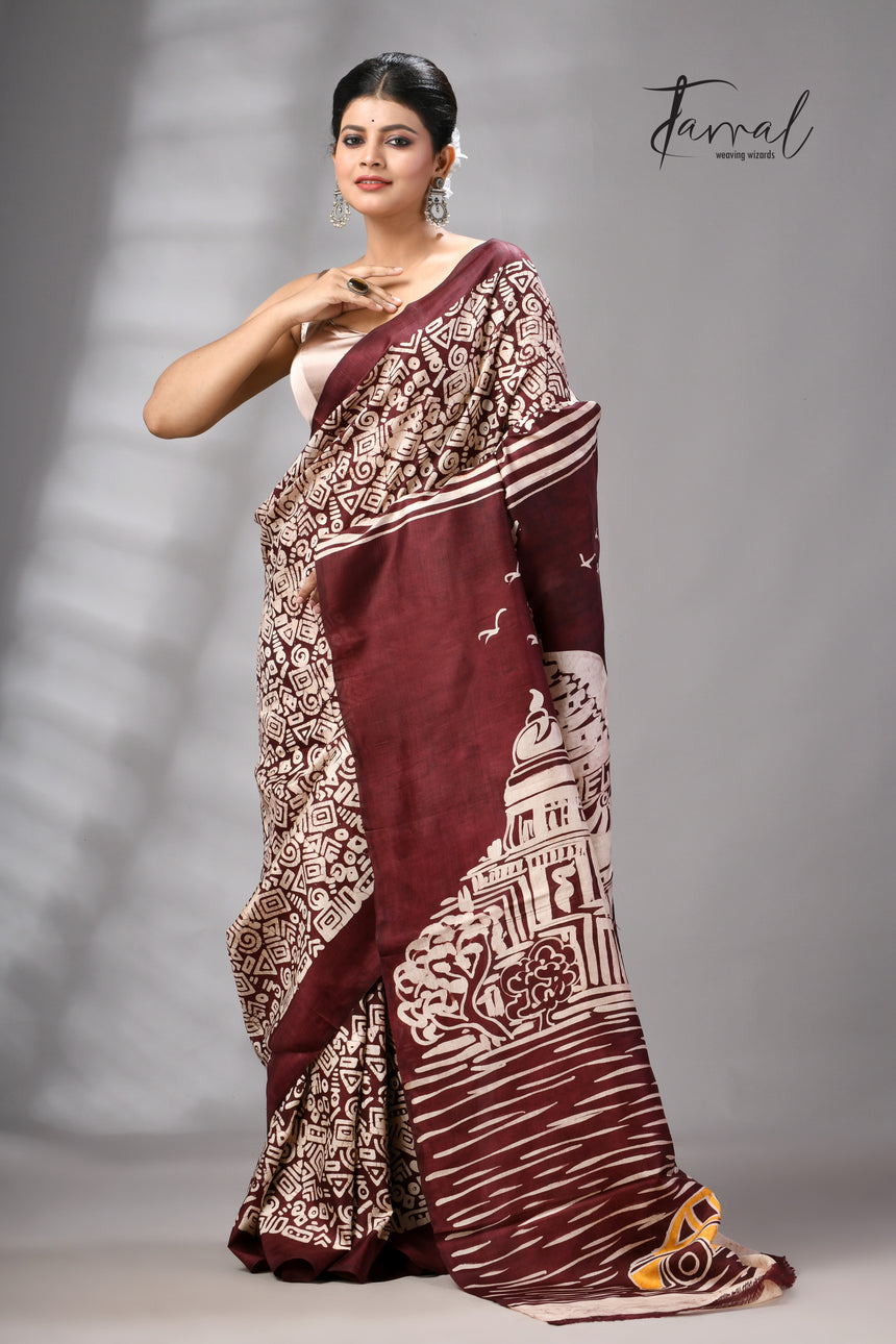 Brown & white yellow taxi & victoria handcrafted pure batik silk saree