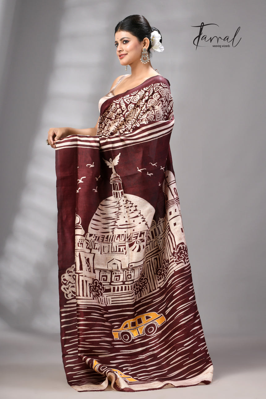 Brown & white yellow taxi & victoria handcrafted pure batik silk saree