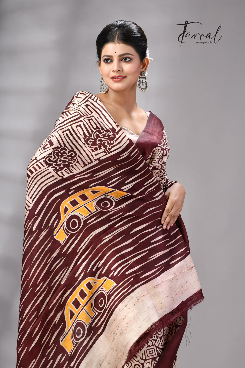 Brown & white yellow taxi & victoria handcrafted pure batik silk saree