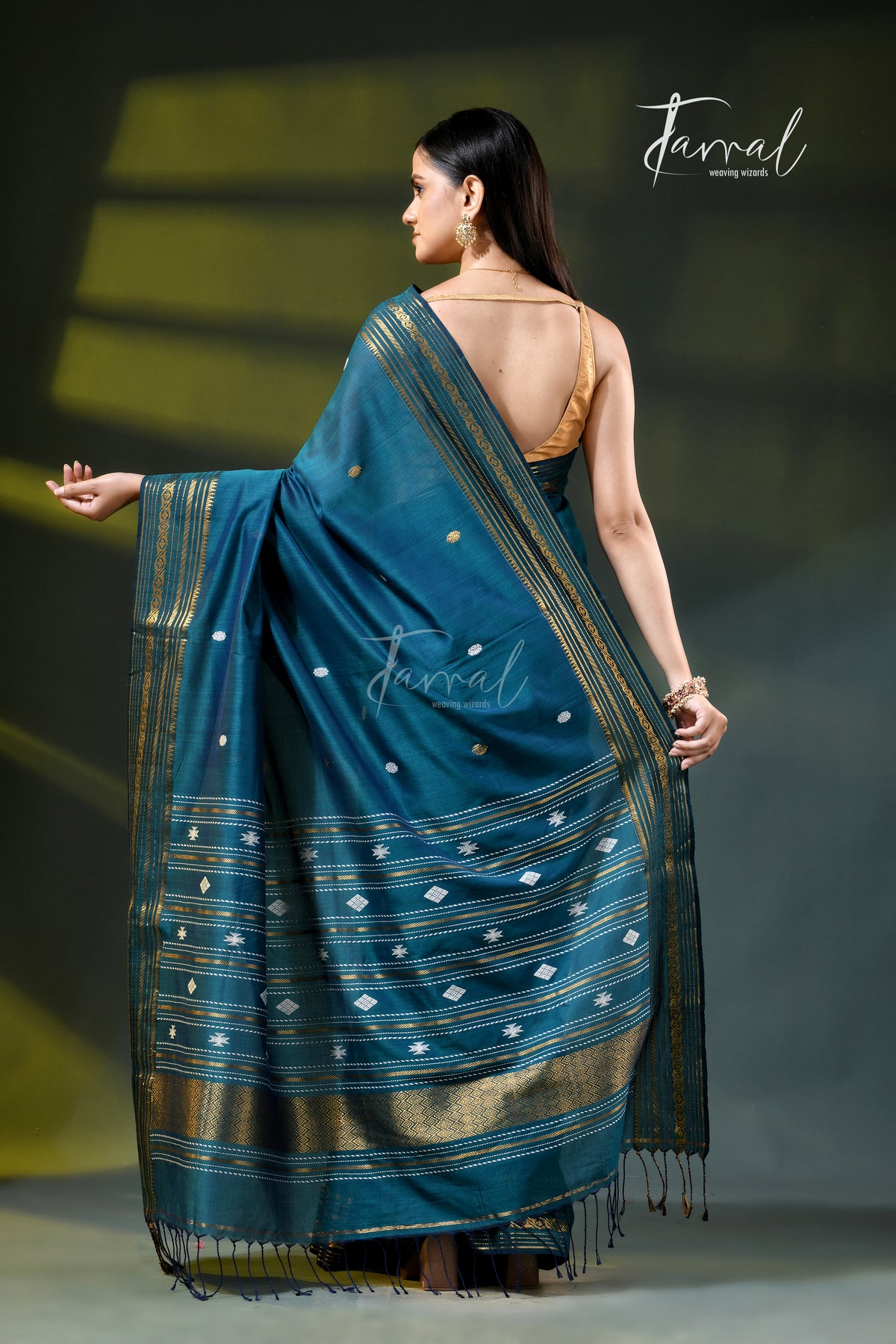 Teal Blue Zari Border Cotton Bhujori Handloom Saree | Tamal Boutique