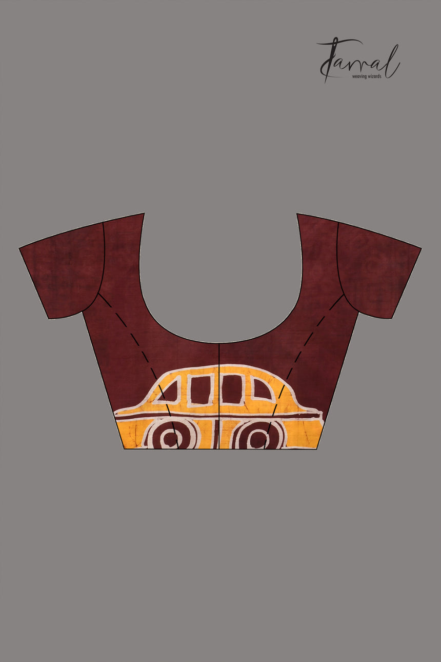 Brown & white yellow taxi & victoria handcrafted pure batik silk saree