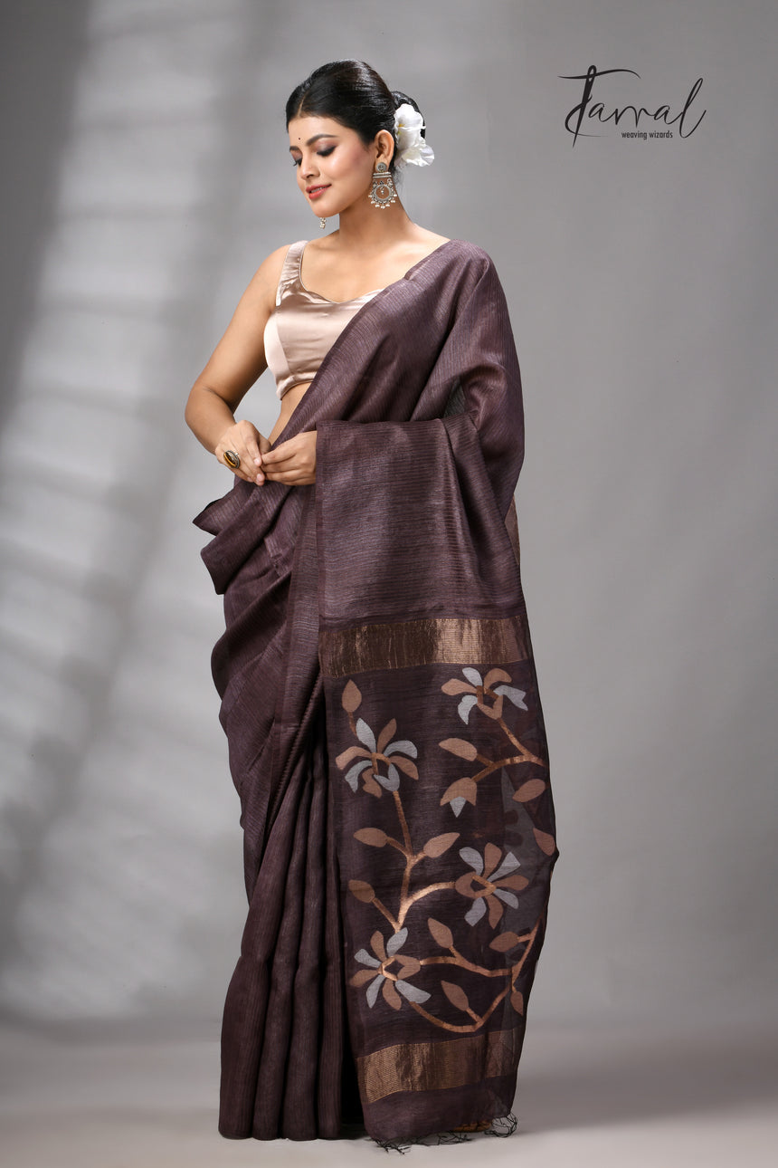 Dark Brown Muga & gachhi Tussar silk stripe handwoven Jamdani saree
