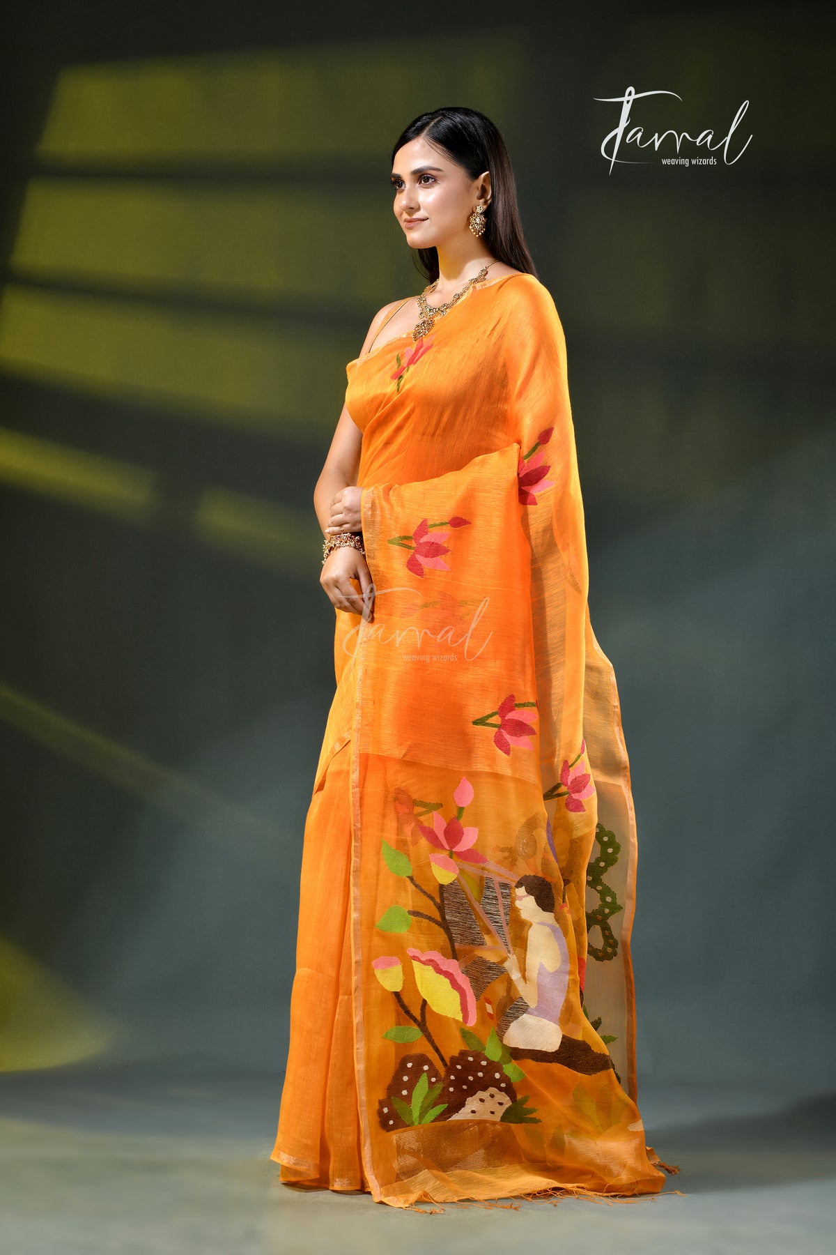 Mustard yellow silk linen handwoven needlework jamdani saree