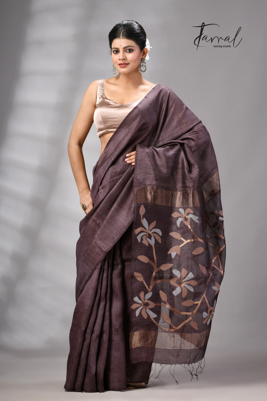 Dark Brown Muga & gachhi Tussar silk stripe handwoven Jamdani saree