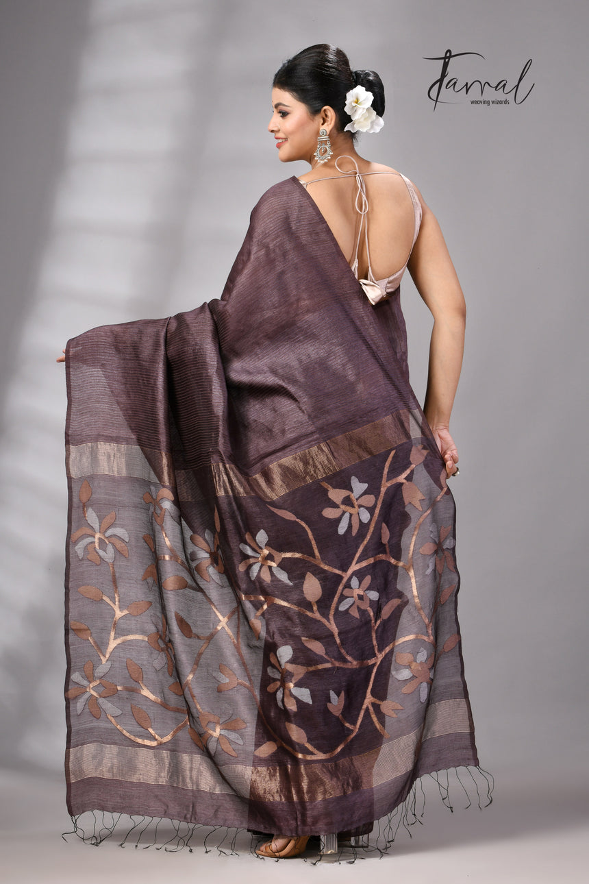 Dark Brown Muga & gachhi Tussar silk stripe handwoven Jamdani saree