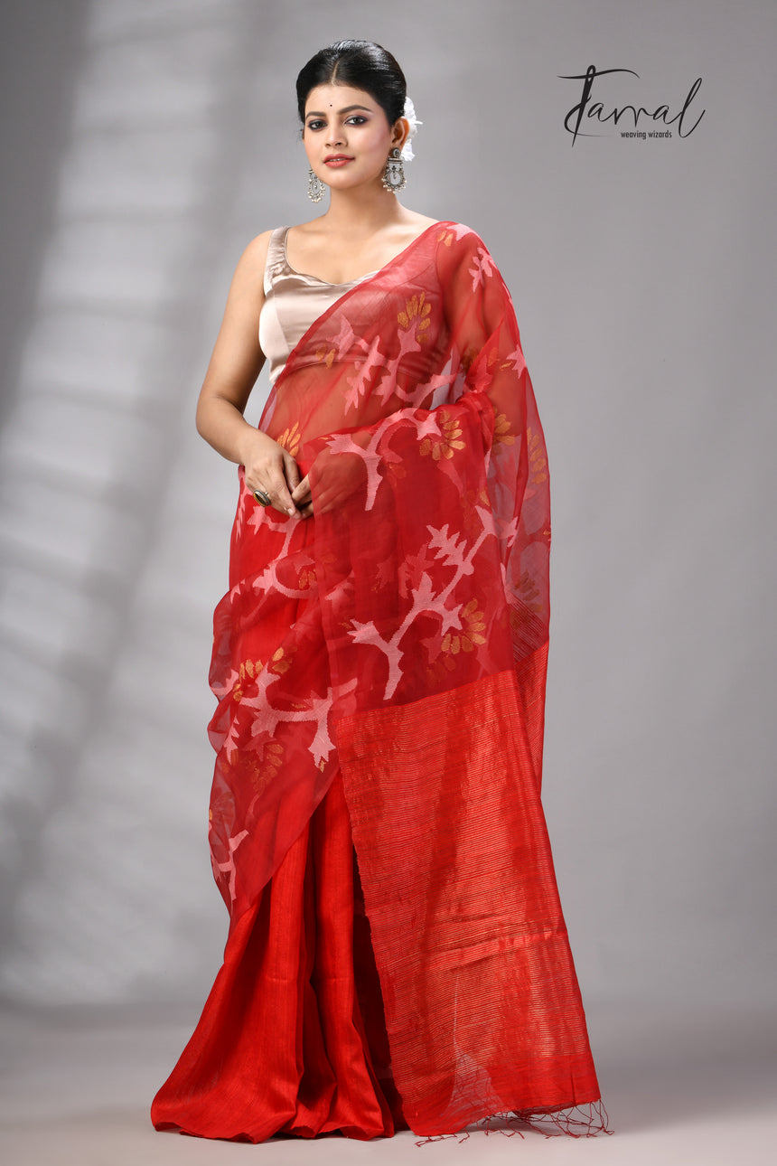 Red Handwoven Matka Muslin Jamdani Silk Saree