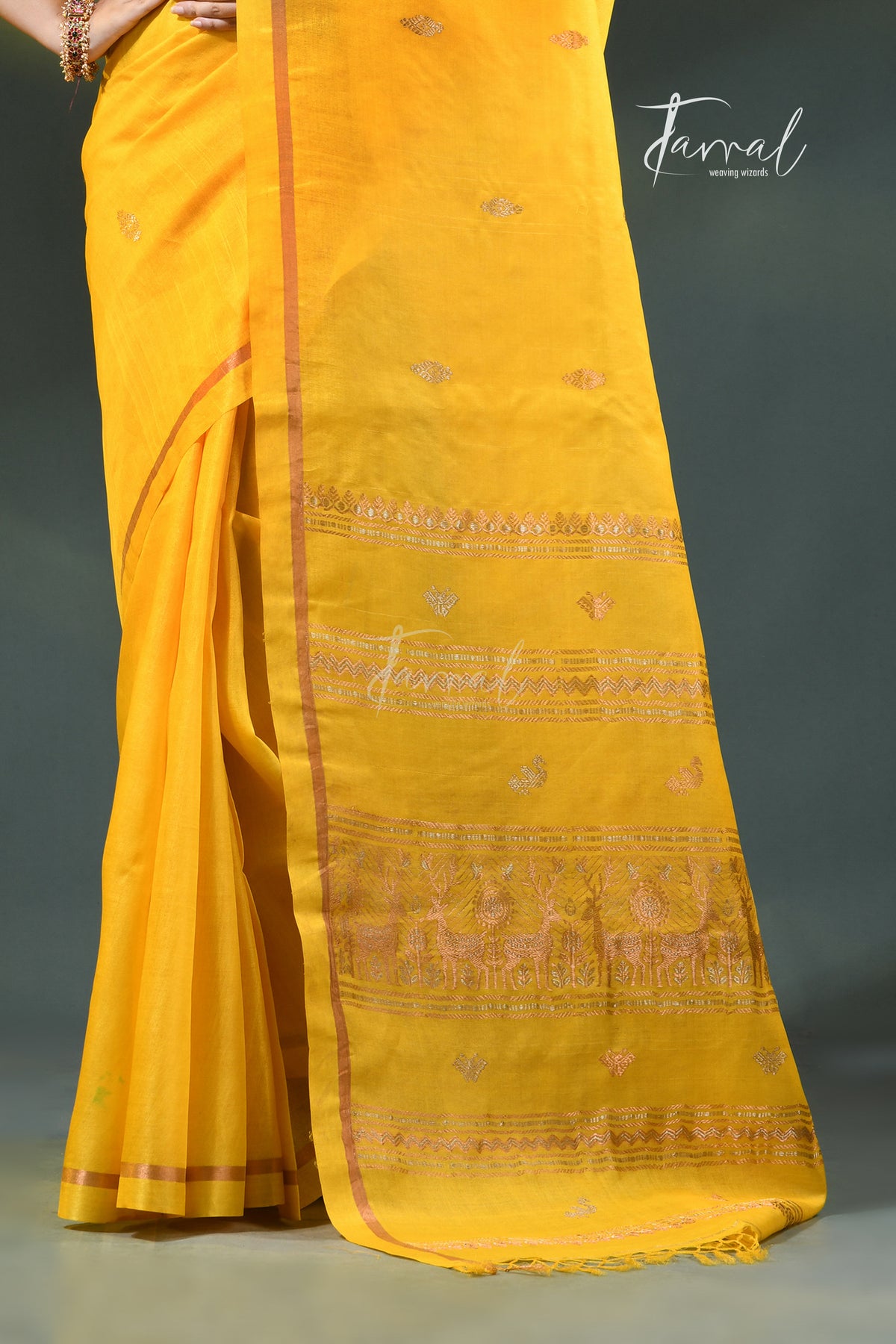 Yellow with golden zari pure tussar silk handloom jamdani saree
