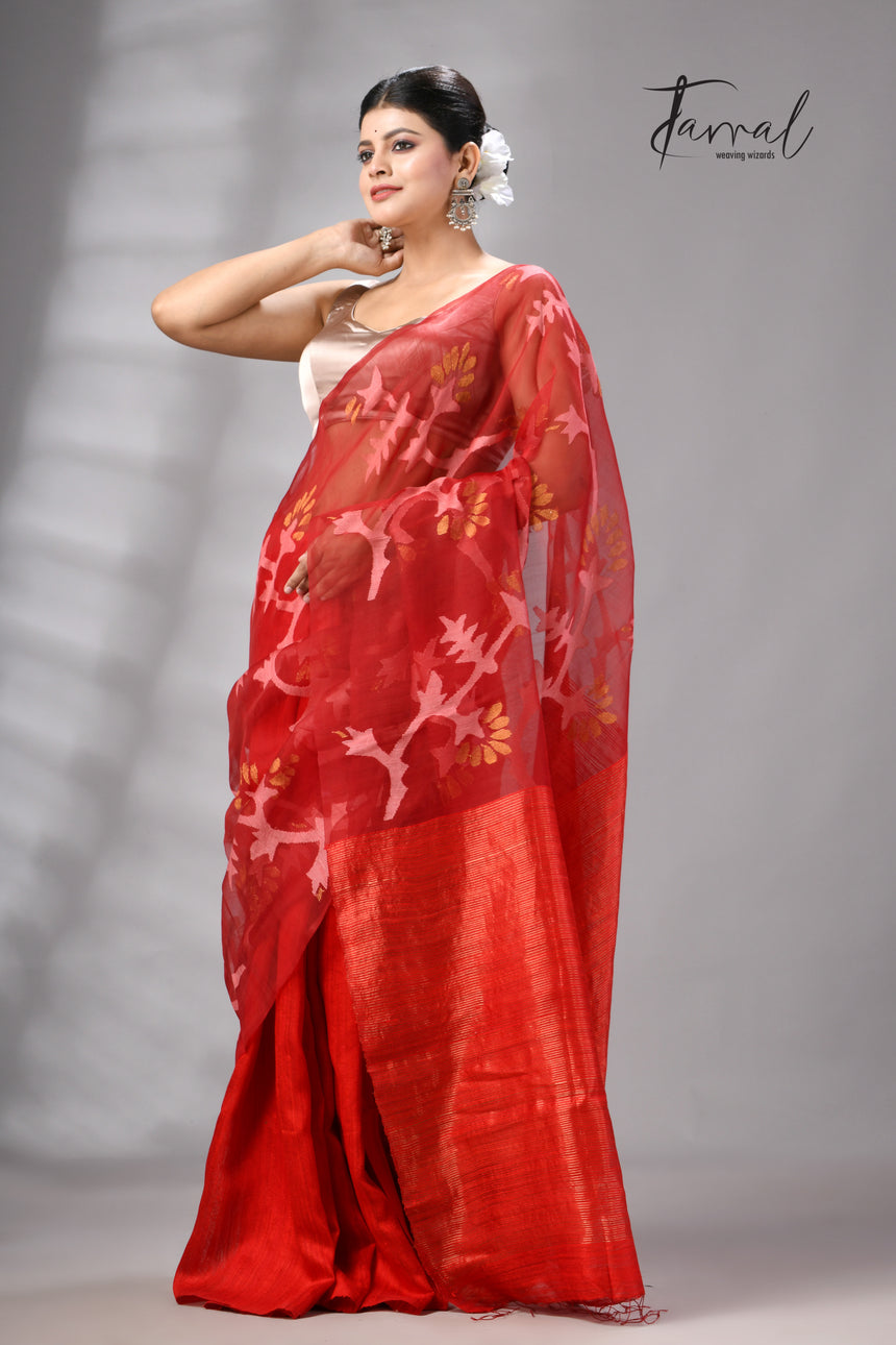 Red Handwoven Matka Muslin Jamdani Silk Saree