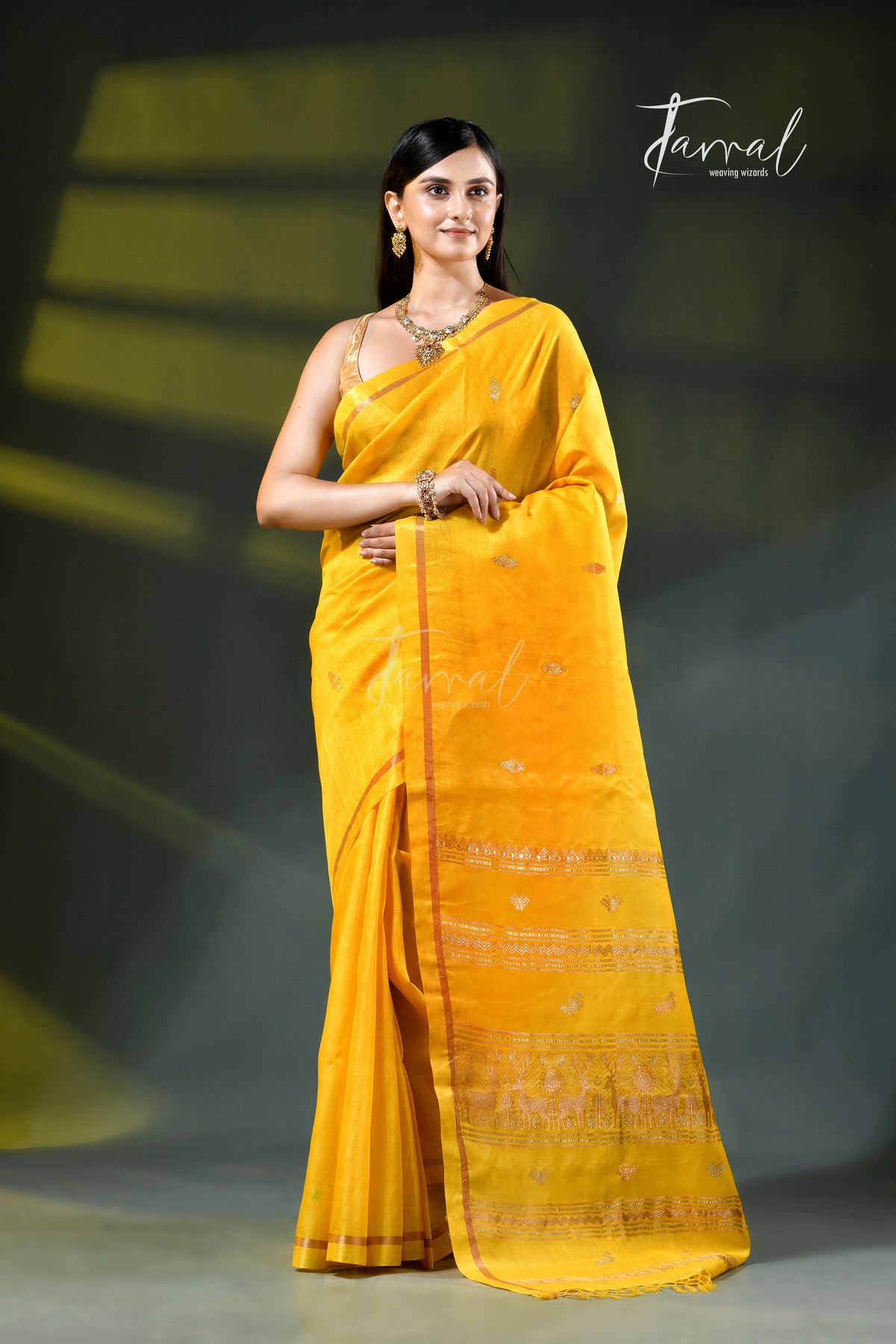 Yellow with golden zari pure tussar silk handloom jamdani saree