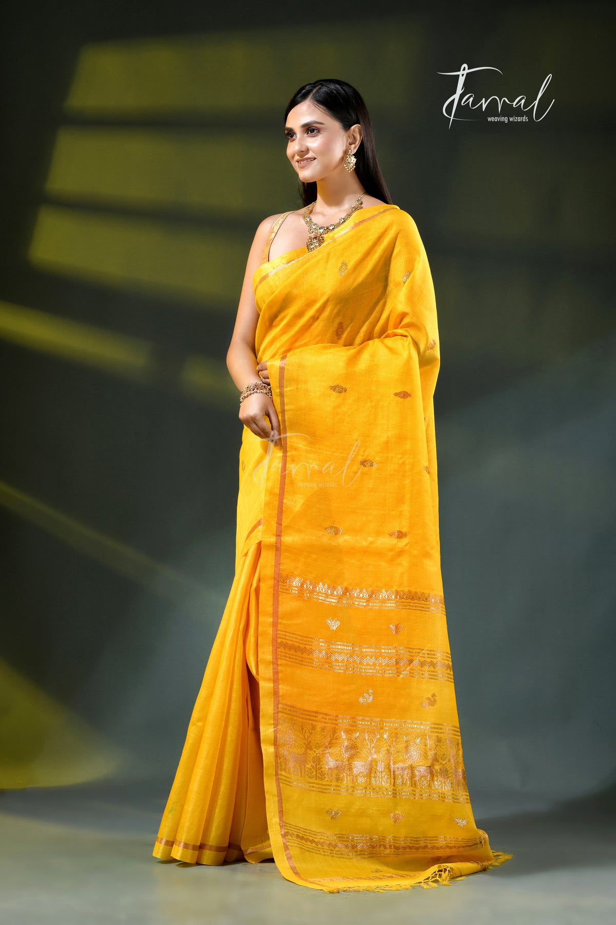 Yellow with golden zari pure tussar silk handloom jamdani saree