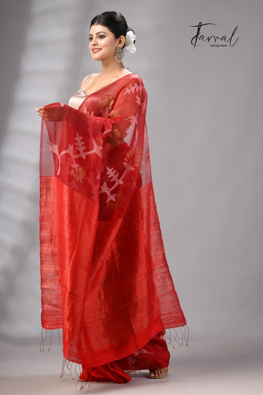 Red Handwoven Matka Muslin Jamdani Silk Saree