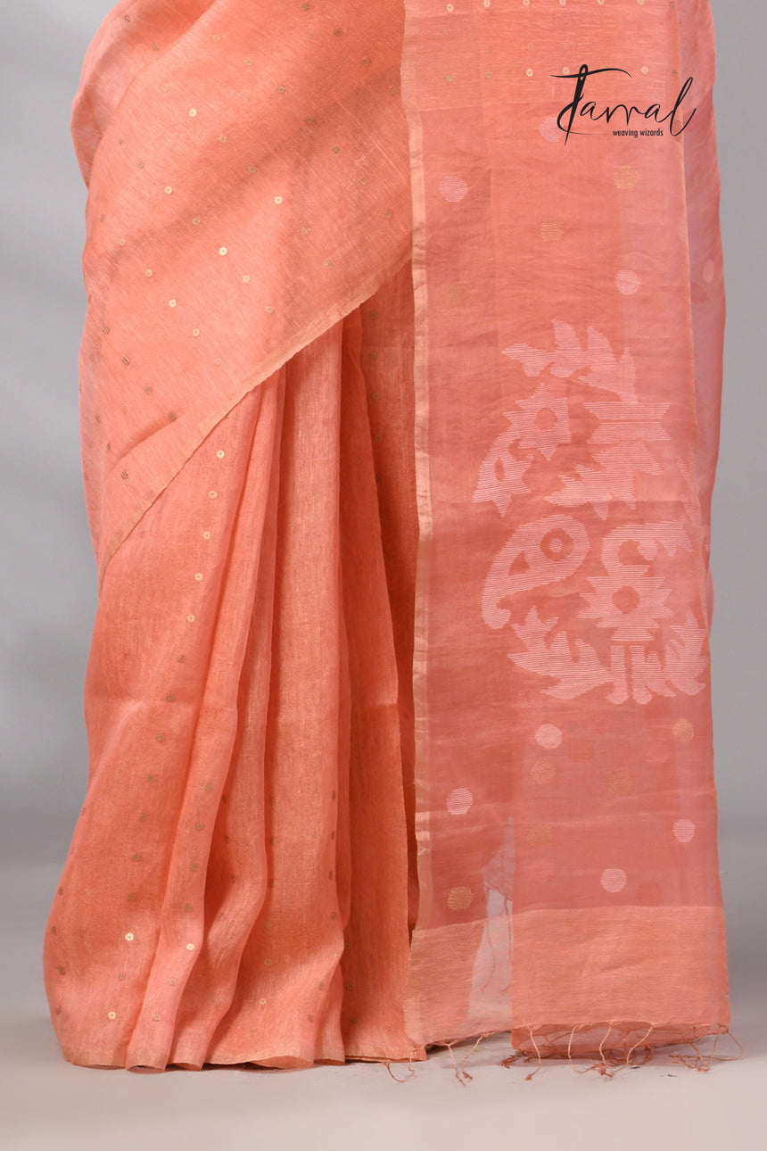 Peach tissue silk linen handwoven needle work jamdani saree