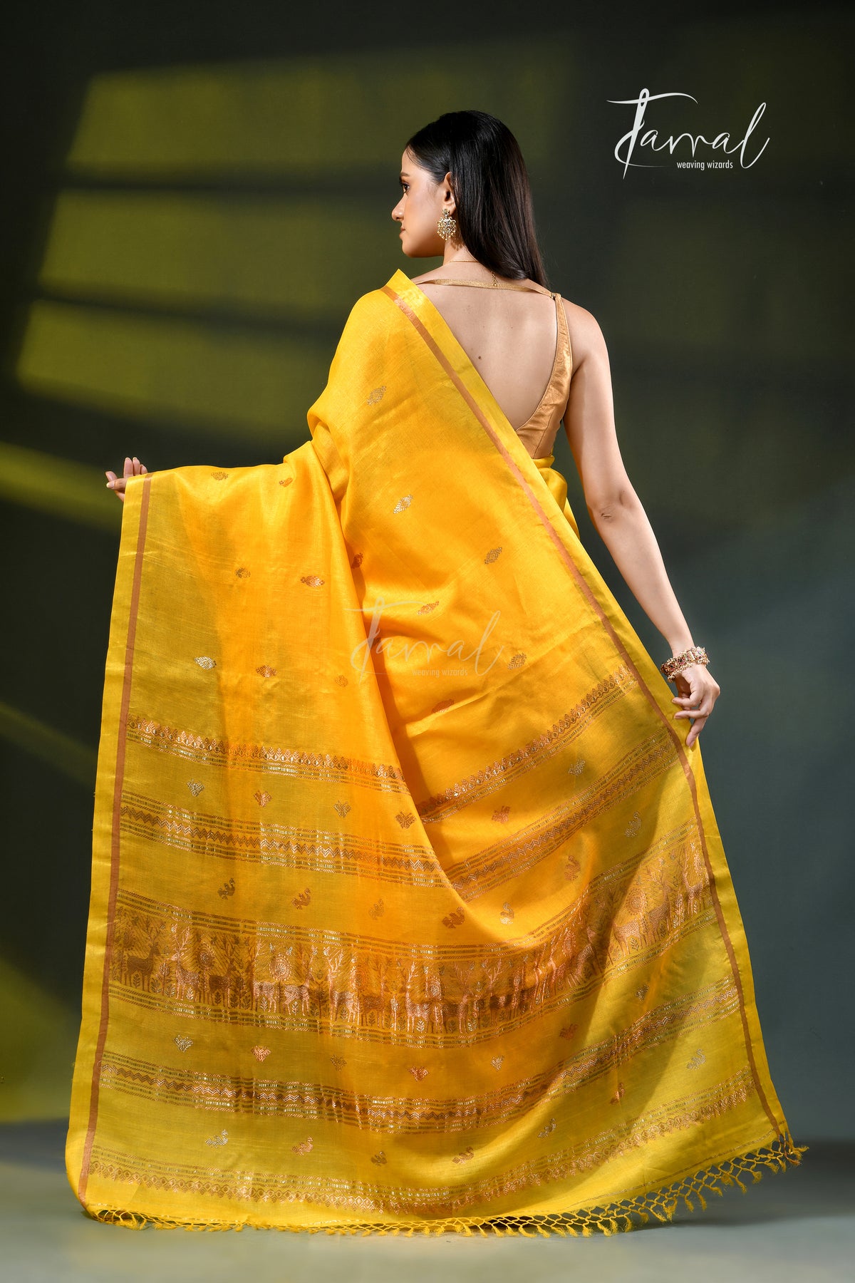 Yellow with golden zari pure tussar silk handloom jamdani saree