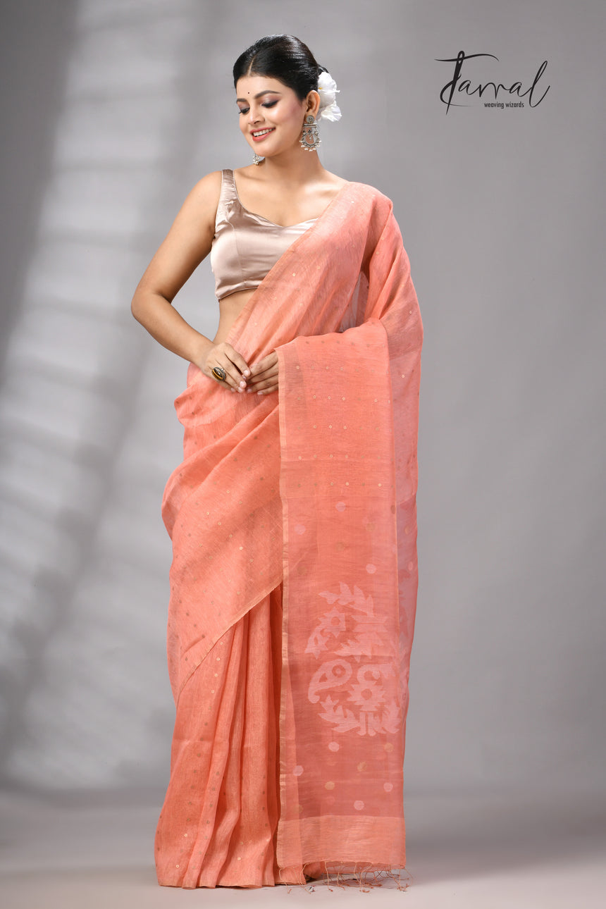 Peach tissue silk linen handwoven needle work jamdani saree
