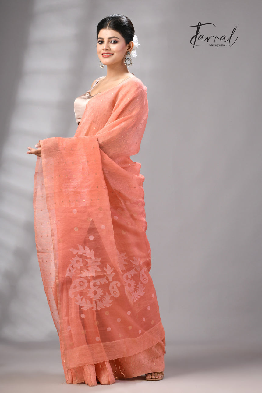 Peach tissue silk linen handwoven needle work jamdani saree